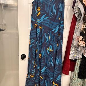 Blue and Orange Leaf Print Maxi Dress
